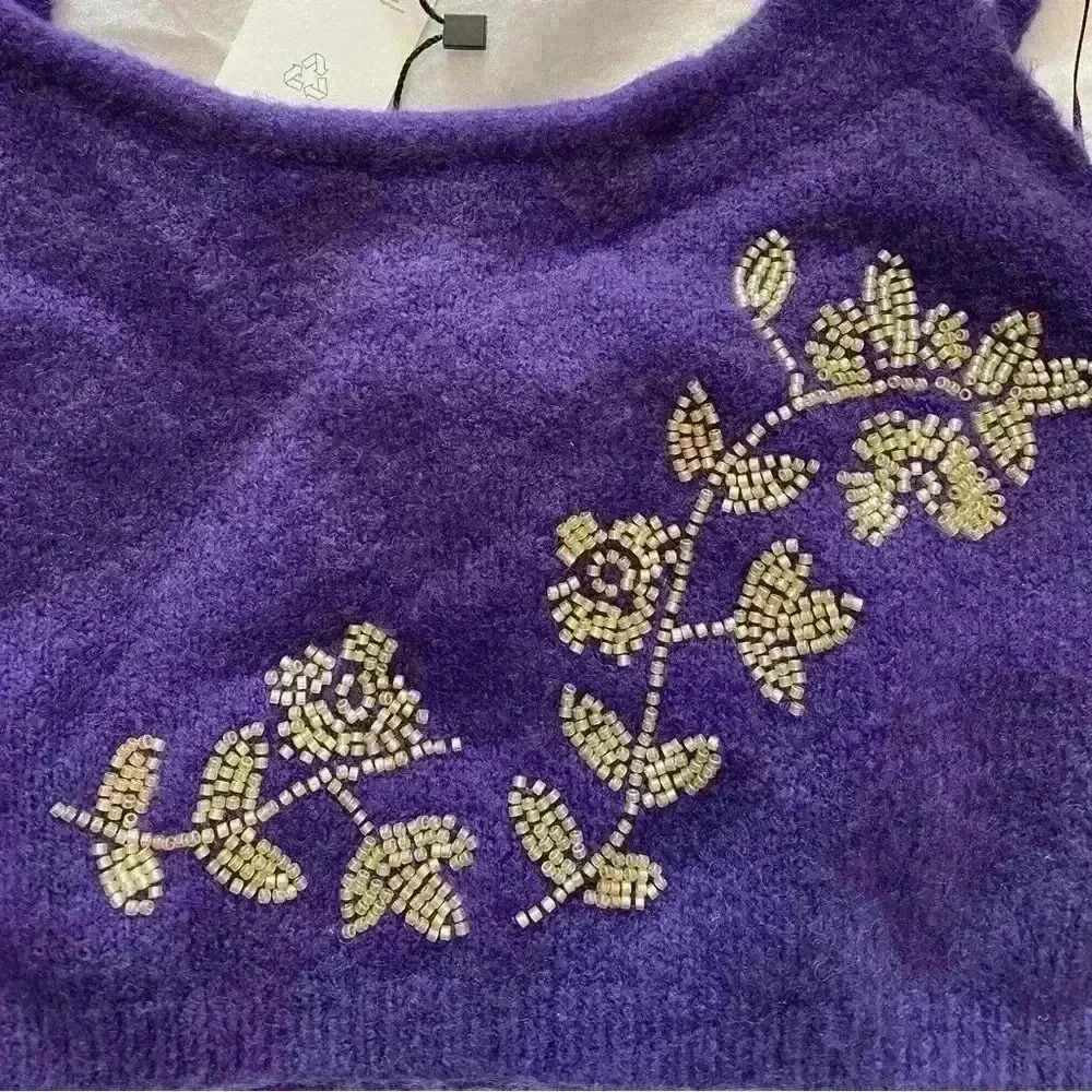 ❣️Zara Dark Purple Flower Beaded Wool Knit Crop Top NWT Size Small, smoke free - Picture 6 of 14